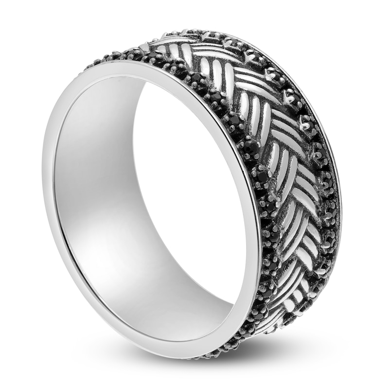 Main Image 2 of Men's Natural Black Spinel Weave Pattern Ring Sterling Silver