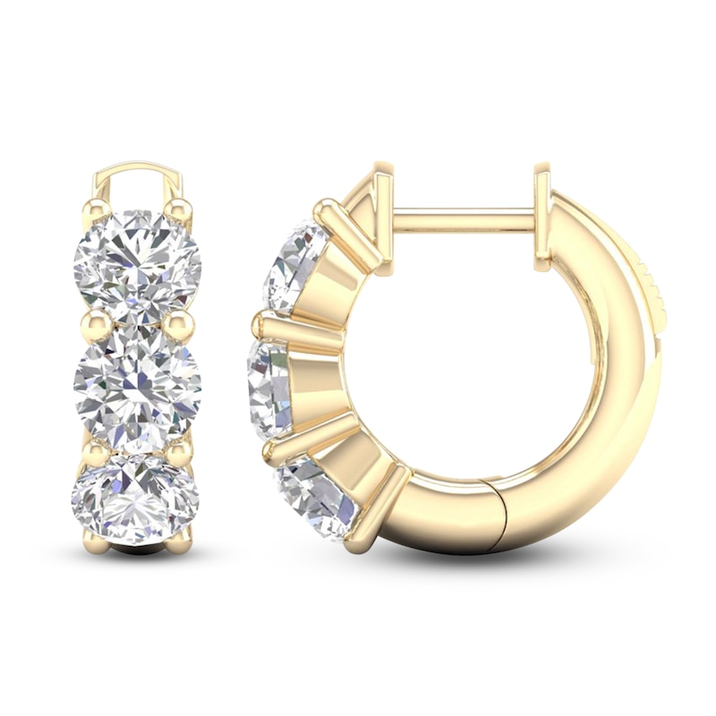 Main Image 1 of Lab-Grown Diamond Three-Stone Huggie Hoop Earrings 3 ct tw 14K Yellow Gold