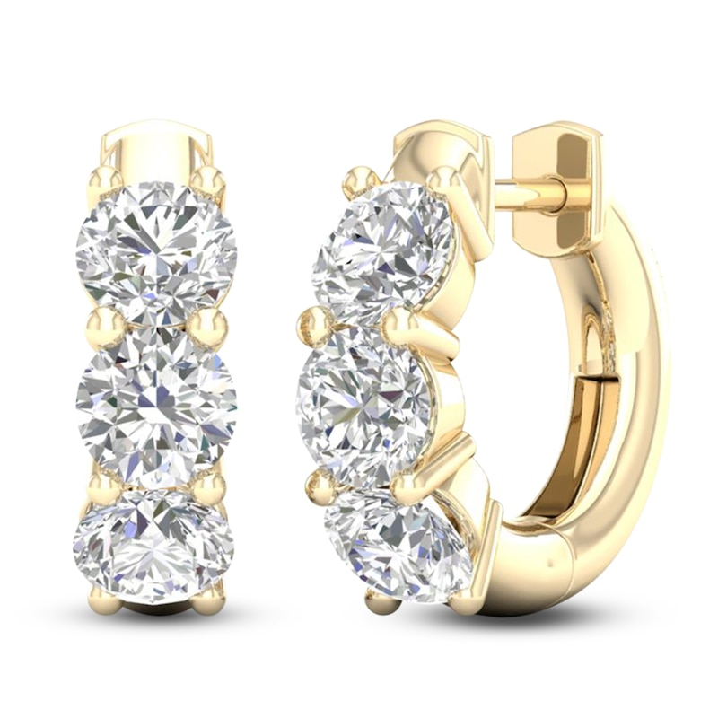 Main Image 2 of Lab-Grown Diamond Three-Stone Huggie Hoop Earrings 3 ct tw 14K Yellow Gold