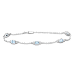 Rectangle-Cut Natural Swiss Blue Topaz & Diamond Station Bracelet 1/20 ct tw 10K White Gold 7.25"