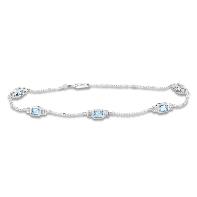 Main Image 1 of Rectangle-Cut Natural Swiss Blue Topaz & Diamond Station Bracelet 1/20 ct tw 10K White Gold 7.25"