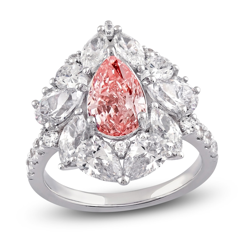 Main Image 1 of Pear-Shaped Pink Lab-Grown Diamond & White Lab-Grown Diamond Halo Fashion Ring 4-1/2 ct tw 14K White Gold