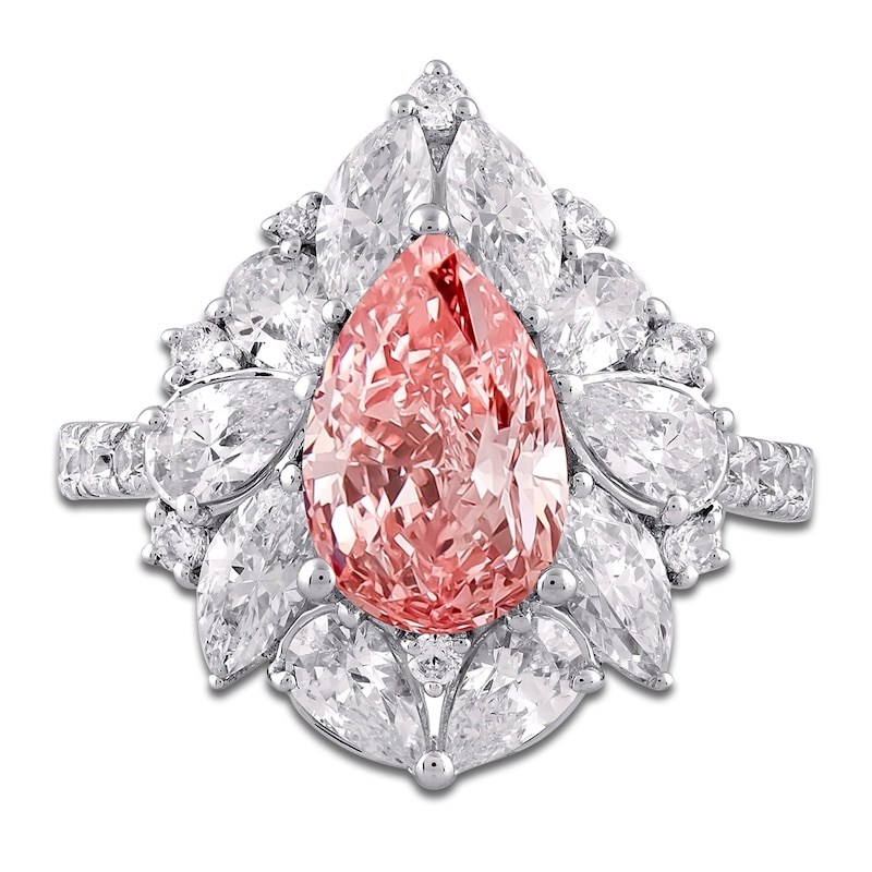 Main Image 3 of Pear-Shaped Pink Lab-Grown Diamond & White Lab-Grown Diamond Halo Fashion Ring 4-1/2 ct tw 14K White Gold