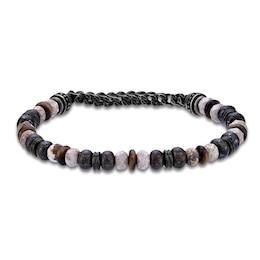 Men's Natural Jasper, Tiger's Eye Quartz & Bronzite Bead Bracelet Black Ion-Plated Stainless Steel 8.5"