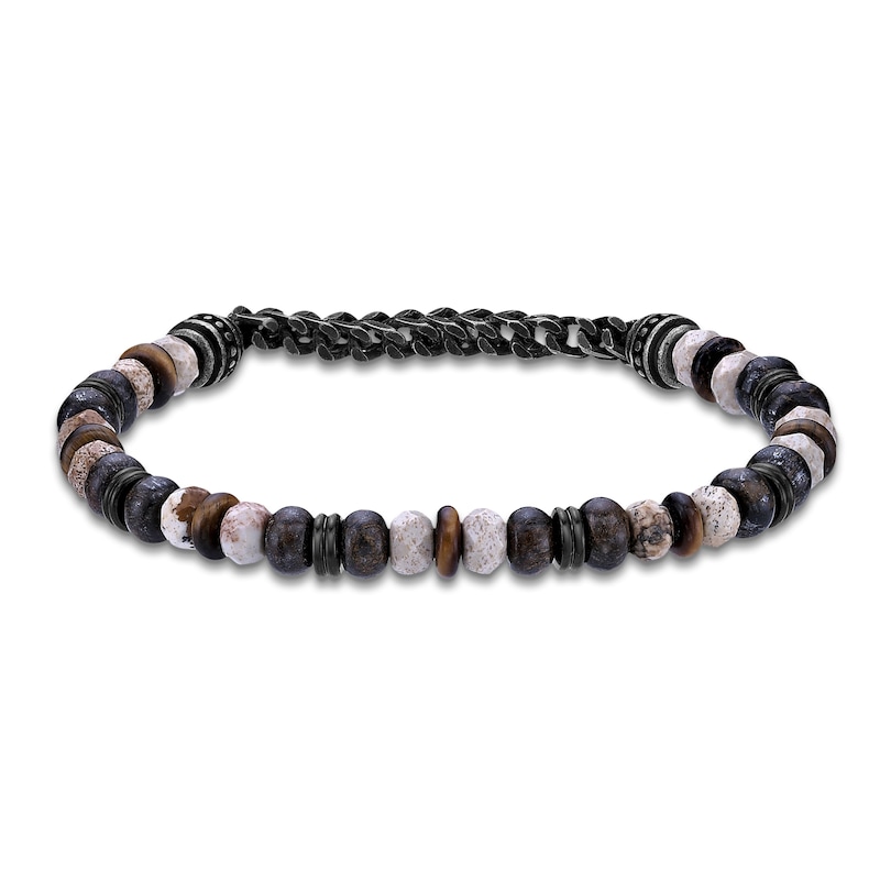 Main Image 1 of Men's Natural Jasper, Tiger's Eye Quartz & Bronzite Bead Bracelet Black Ion-Plated Stainless Steel 8.5"