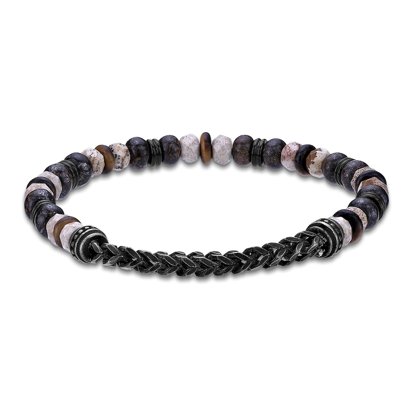 Main Image 2 of Men's Natural Jasper, Tiger's Eye Quartz & Bronzite Bead Bracelet Black Ion-Plated Stainless Steel 8.5"