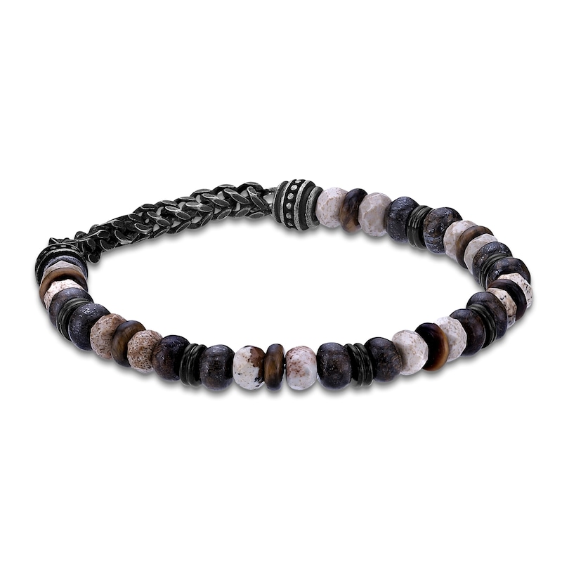 Main Image 3 of Men's Natural Jasper, Tiger's Eye Quartz & Bronzite Bead Bracelet Black Ion-Plated Stainless Steel 8.5"