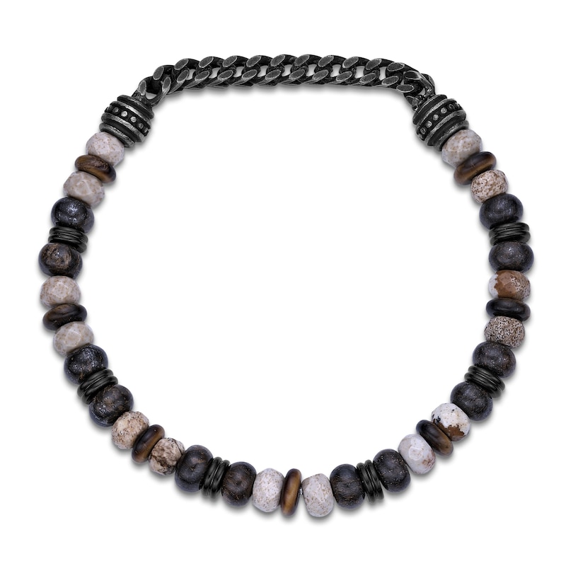 Main Image 4 of Men's Natural Jasper, Tiger's Eye Quartz & Bronzite Bead Bracelet Black Ion-Plated Stainless Steel 8.5"