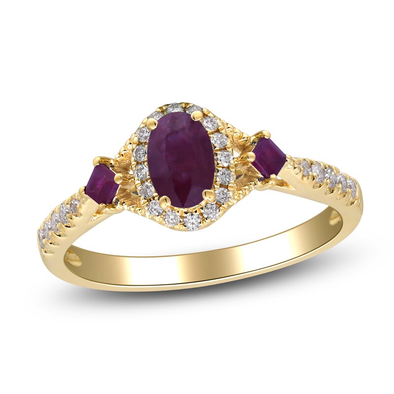 Main Image 1 of Oval-Cut & Square-Cut Natural Ruby & Diamond Three-Stone Ring 1/5 ct tw 14K Yellow Gold