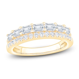 Certified Emerald & Round-Cut Diamond Two-Row Anniversary Ring 1-1/5 ct tw 14K Yellow Gold