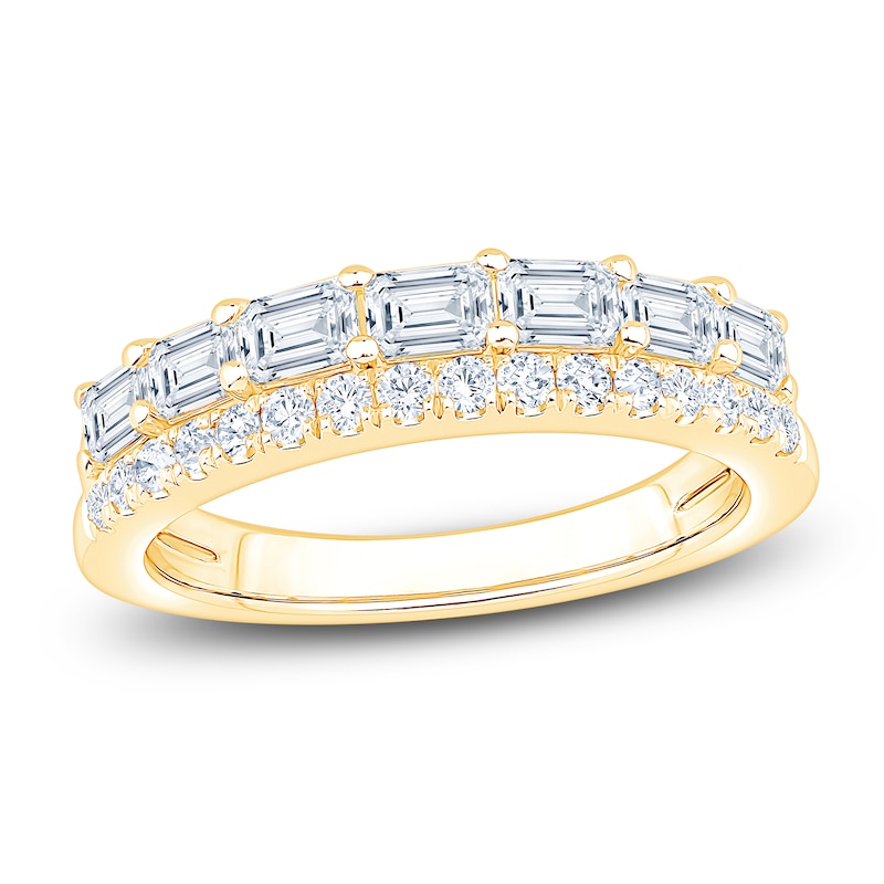 Main Image 1 of Certified Emerald & Round-Cut Diamond Two-Row Anniversary Ring 1-1/5 ct tw 14K Yellow Gold