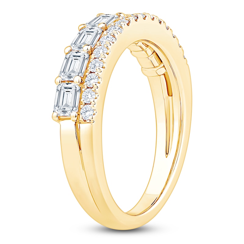 Main Image 2 of Certified Emerald & Round-Cut Diamond Two-Row Anniversary Ring 1-1/5 ct tw 14K Yellow Gold