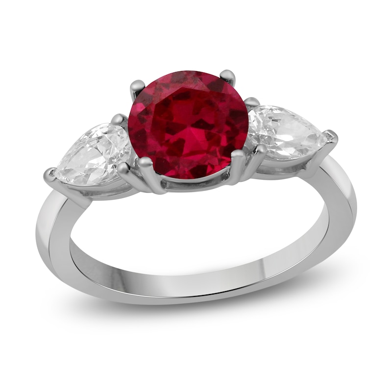 Main Image 1 of Lab-Created Ruby & White Lab-Created Sapphire Three-Stone Ring Sterling Silver
