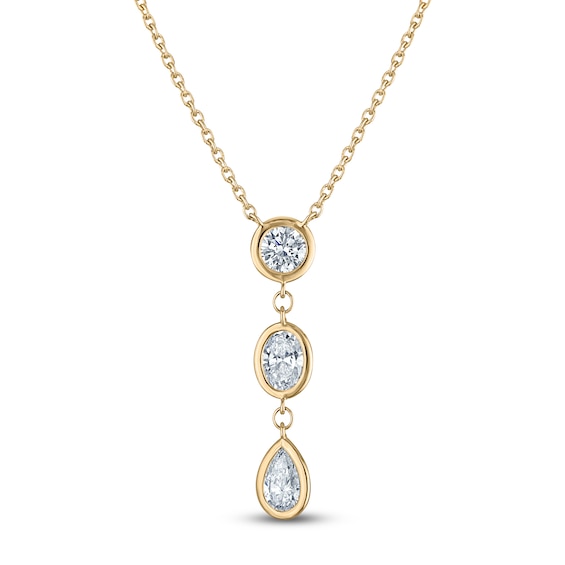Jared Signature Pear, Oval & Round-Cut Lab-Grown Diamond Three-Stone Bezel-Set Necklace 3/4 ct tw 14K Yellow Gold 18"