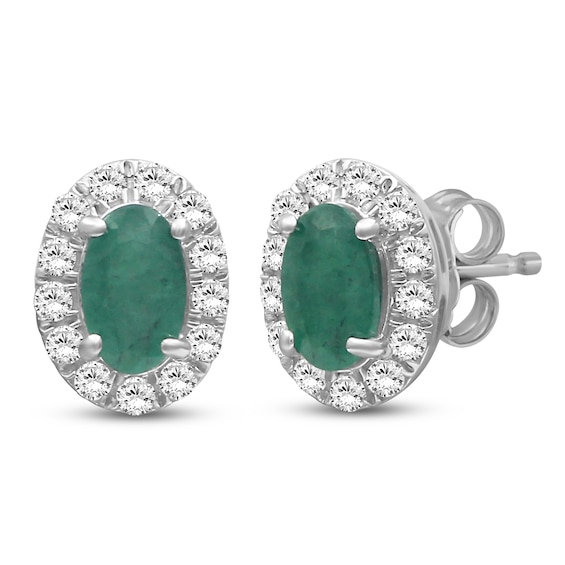 Oval-Cut Natural Emerald & Diamond Halo Stud Earrings 1/5 ct tw 10K White Gold