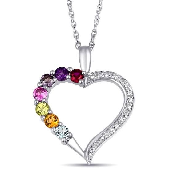 Mother's Family Birthstone & Diamond Heart Necklace (1-7 Stones)