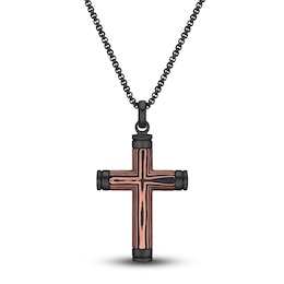 Men's Carbon Fiber Cross Necklace Black Ion-Plated Stainless Steel 24"
