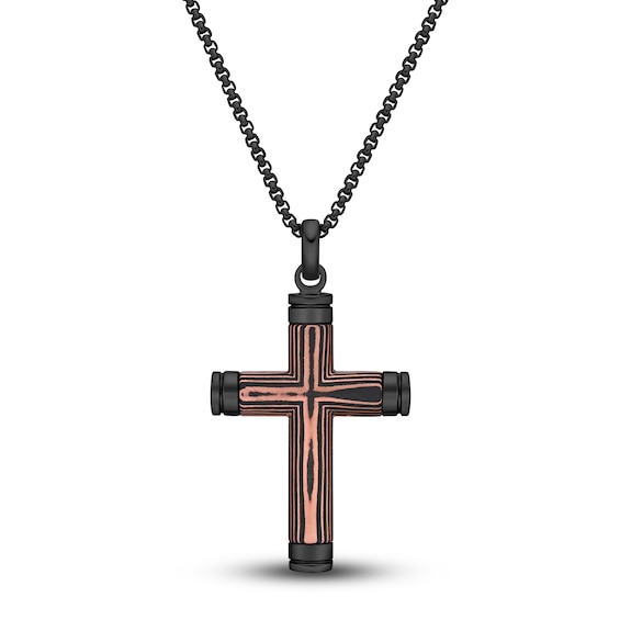 Men's Carbon Fiber Cross Necklace Black Ion-Plated Stainless Steel 24"