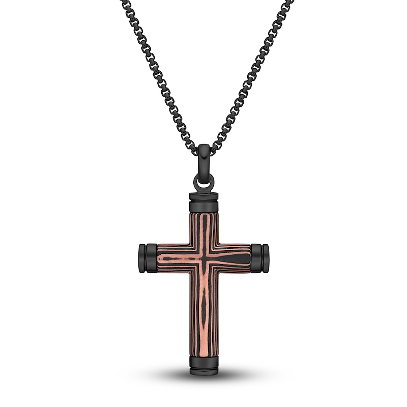 Main Image 1 of Men's Carbon Fiber Cross Necklace Black Ion-Plated Stainless Steel 24"