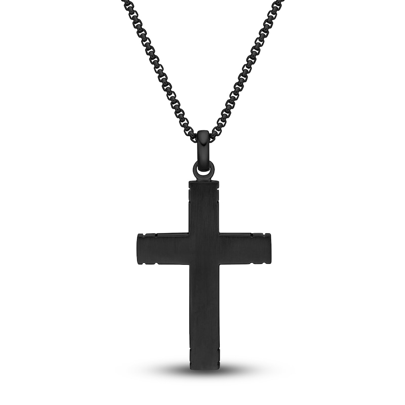 Main Image 2 of Men's Carbon Fiber Cross Necklace Black Ion-Plated Stainless Steel 24"