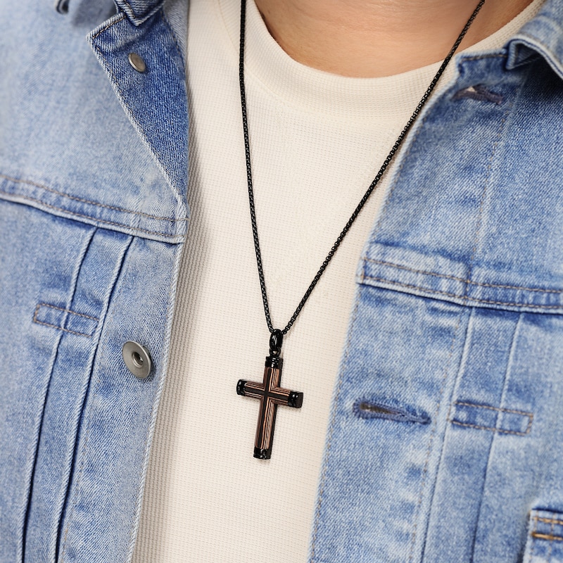 Main Image 4 of Men's Carbon Fiber Cross Necklace Black Ion-Plated Stainless Steel 24"