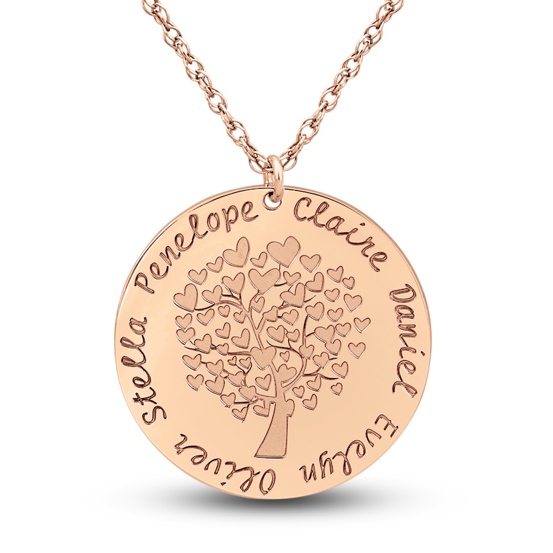 Engravable Family Tree Pendant Necklace 14K Rose Gold 25mm 18" Adj.