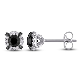 Black & White Diamond Halo Stud Earrings 1 ct tw Round 10K White Gold