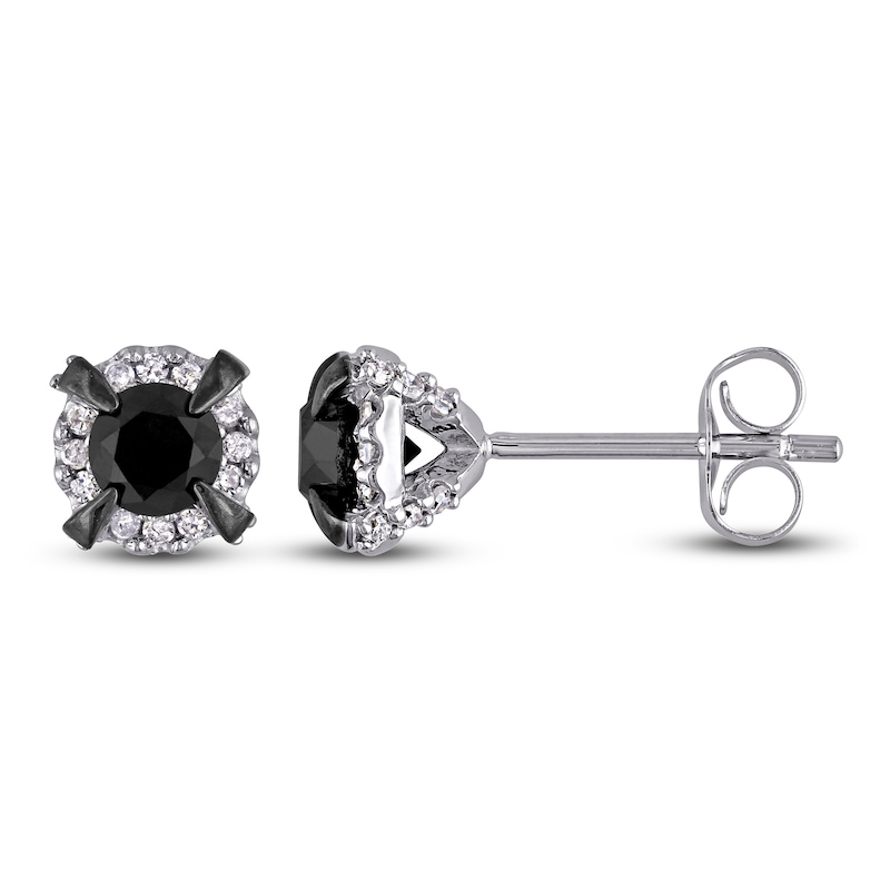 Main Image 1 of Black & White Diamond Halo Stud Earrings 1 ct tw Round 10K White Gold