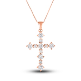 Diamond Cross Pendant Necklace 1 ct tw Round 14K Rose Gold 18"