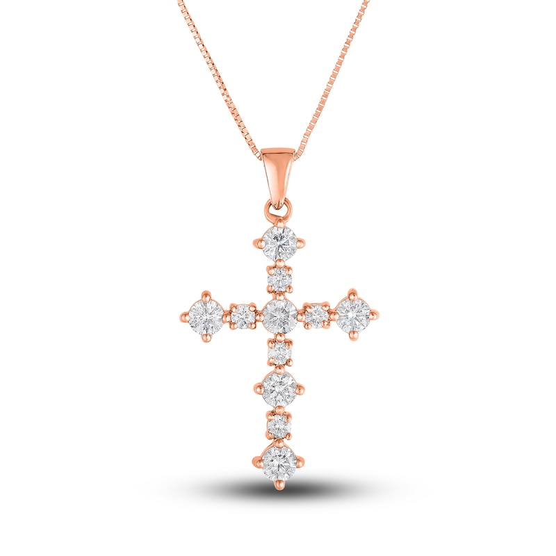Main Image 1 of Diamond Cross Pendant Necklace 1 ct tw Round 14K Rose Gold 18"