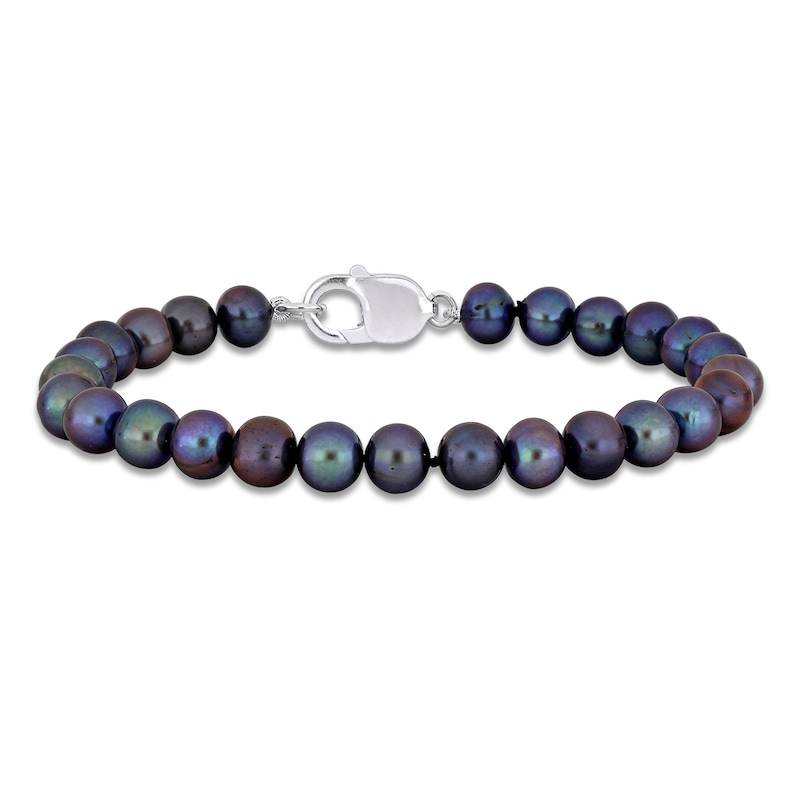 Main Image 1 of Men's Black Freshwater Cultured Pearl Bracelet Sterling Silver 9"