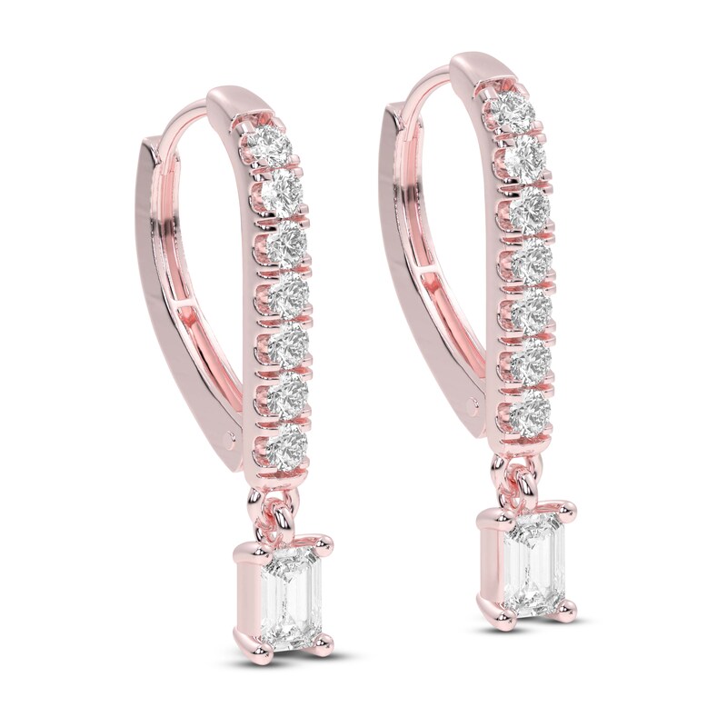 Main Image 2 of Diamond Drop Earrings 1/2 ct tw Emerald/Round 14K Rose Gold