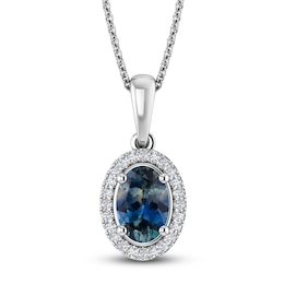 Montana Blue Oval-Cut Natural Sapphire Necklace 1/20 ct tw Round Diamonds 14K White Gold 18"