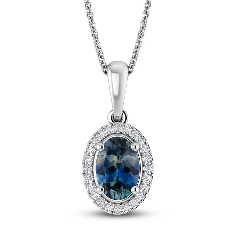 Main Image 1 of Montana Blue Oval-Cut Natural Sapphire Necklace 1/20 ct tw Round Diamonds 14K White Gold 18"