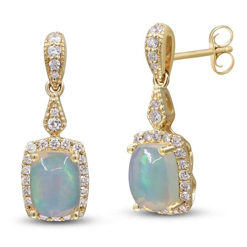 Main Image 2 of Natural Opal & Diamond Drop Earrings 1/3 ct tw 14K Yellow Gold