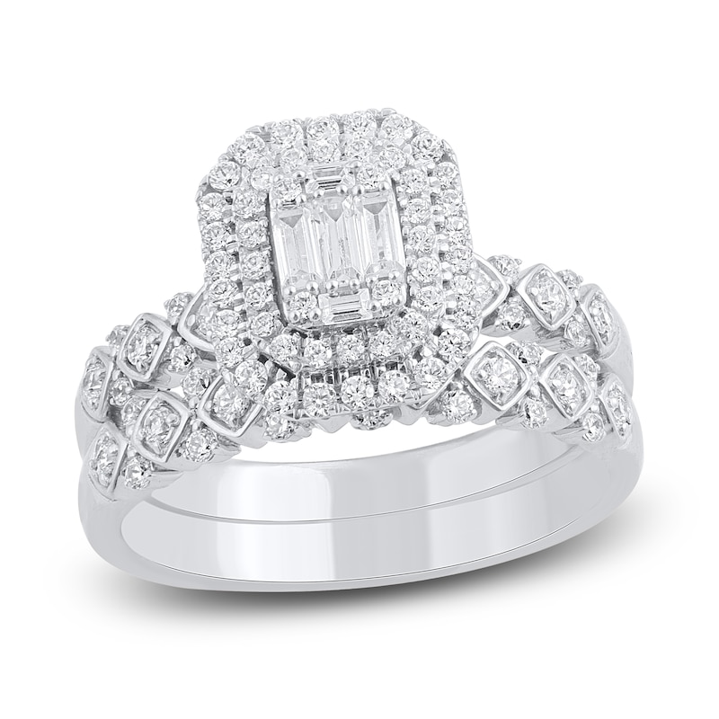 Main Image 1 of Round & Baguette-Cut Diamond Bridal Set 7/8 ct tw 14K White Gold