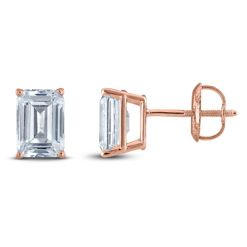 Main Image 1 of Emerald-Cut Lab-Created Diamond Solitaire Stud Earrings 2 ct tw 14K Rose Gold (F/SI2)