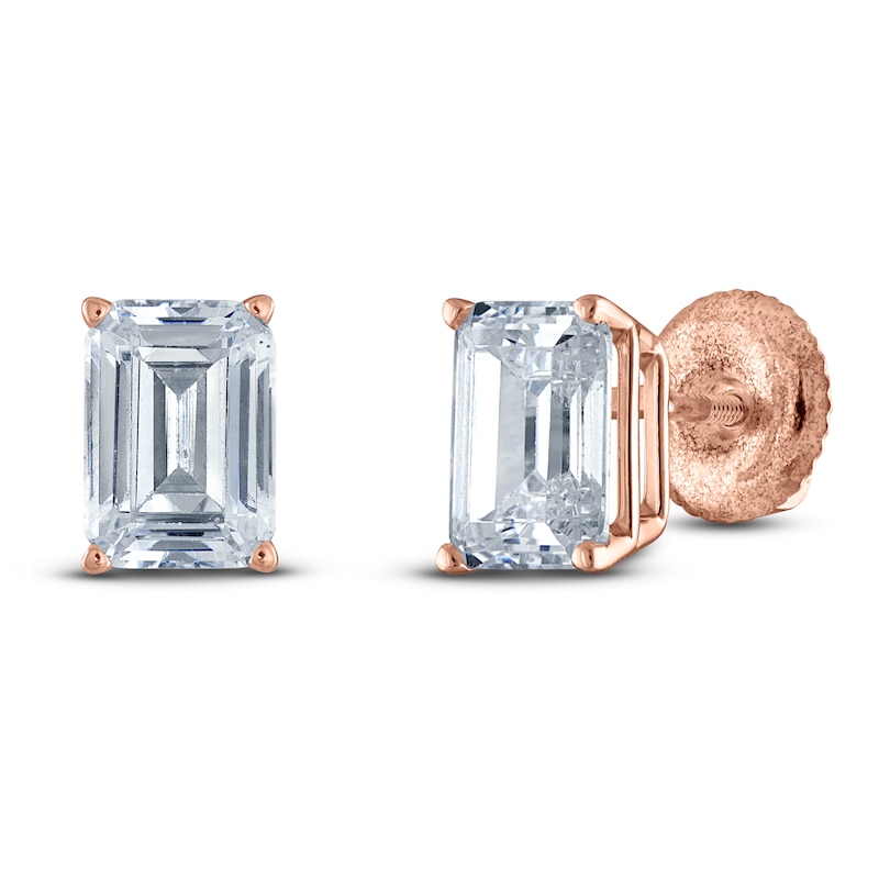 Main Image 2 of Emerald-Cut Lab-Created Diamond Solitaire Stud Earrings 2 ct tw 14K Rose Gold (F/SI2)