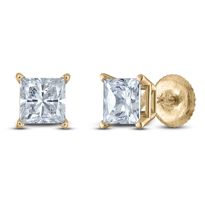 Main Image 2 of Princess-Cut Lab-Grown Diamond Solitaire Stud Earrings 1 ct tw 14K Yellow Gold (F/SI2)