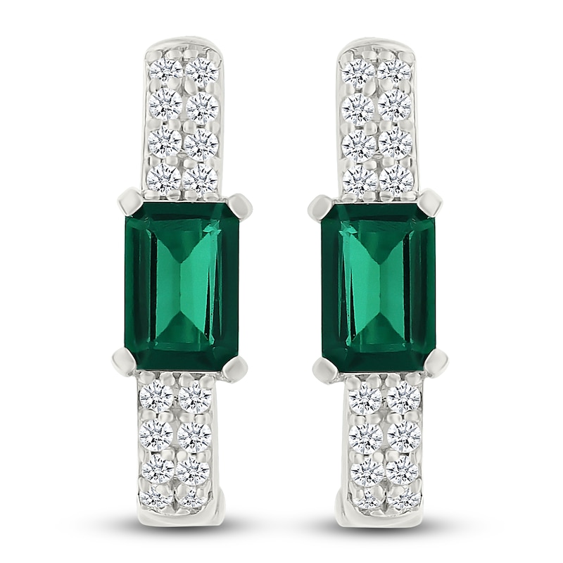 Main Image 1 of Rectangle-Cut Lab-Created Emerald & White Lab-Created Sapphire Hoop Earrings Sterling Silver