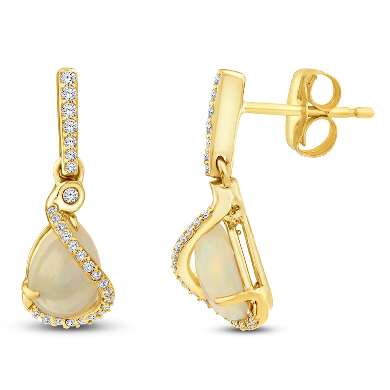 Main Image 1 of Pear-Shaped Natural Opal & Diamond Dangle Earrings 1/8 ct tw 14K Yellow Gold
