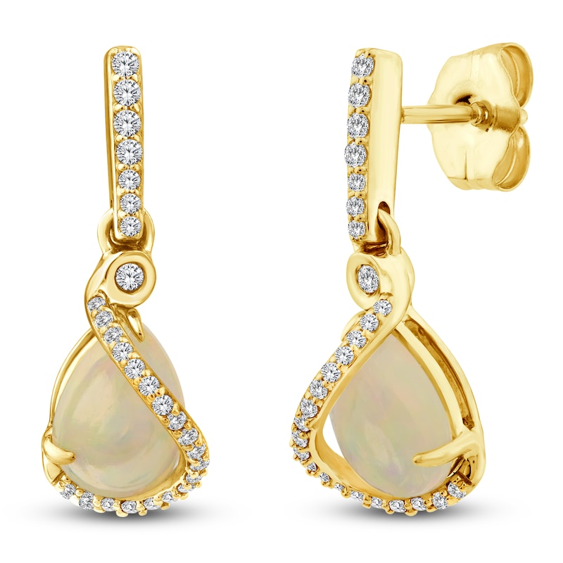 Main Image 2 of Pear-Shaped Natural Opal & Diamond Dangle Earrings 1/8 ct tw 14K Yellow Gold