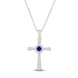 Blue & White Lab-Created Sapphire Cross Necklace Sterling Silver 18"