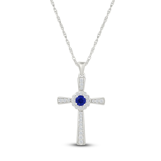Blue & White Lab-Created Sapphire Cross Necklace Sterling Silver 18"