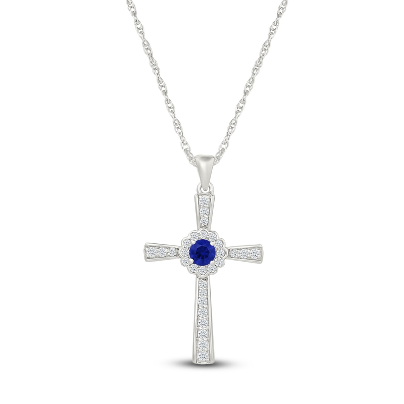 Main Image 1 of Blue & White Lab-Created Sapphire Cross Necklace Sterling Silver 18"