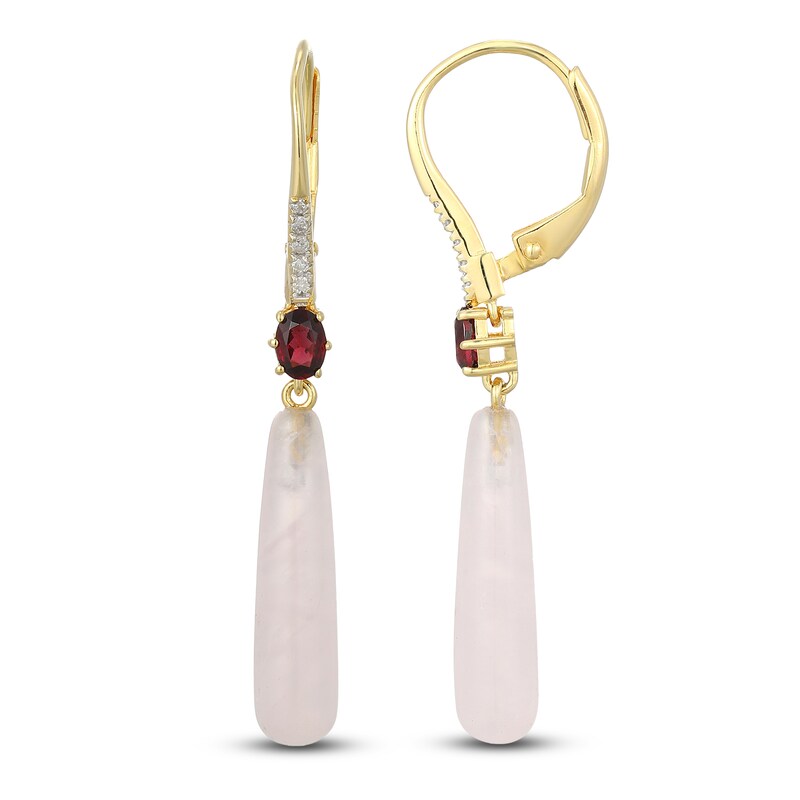 Main Image 1 of Pear-Shaped Natural Rose Quartz, Oval-Cut Natural Rhodolite Garnet & Diamond Dangle Earrings 1/20 ct tw 14K Yellow Gold