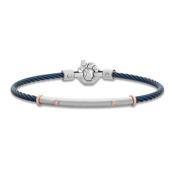 Baraka Men's Diamond Cord Bracelet 1/20 ct tw Stainless Steel, Dark Blue Ion Plating & 18K Rose Gold 7.75"