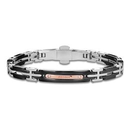 Baraka Men's Diamond Link Bracelet 1/20 ct tw Stainless Steel, Black Ceramic & 18K Rose Gold 7.75"