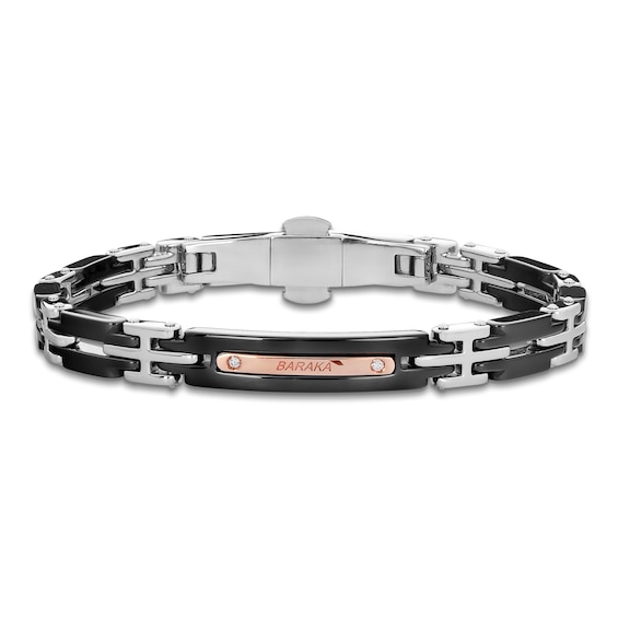 Baraka Men's Diamond Link Bracelet 1/20 ct tw Stainless Steel, Black Ceramic & 18K Rose Gold 7.75"