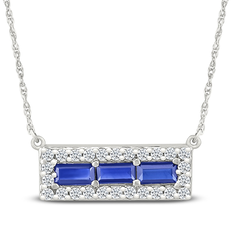 Main Image 1 of Baguette-Cut Blue Lab-Created Sapphire & White Lab-Created Sapphire Halo Bar Necklace Sterling Silver 18"